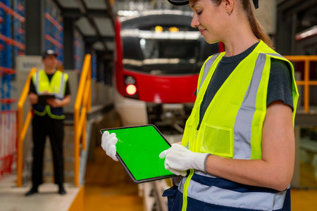 Close up engineer or technician worker woman hold tablet with green screen and look at it also stay in front of electric train in factory workplace or maintenance center.の写真素材
