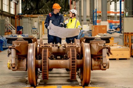Professional factory workers man and woman discuss about the project using drawing paper or plan in...