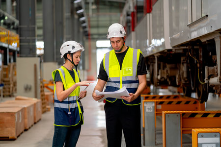 Two professional engineer or technician worker discuss about work and stand near the train in...