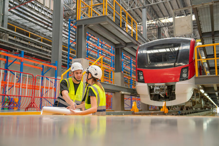 Two engineer or technician workers man and woman discuss together using drawing paper and stay in...