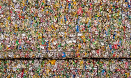 Blur image of many compressed cans stick together in the workplace of recycle factory in concept of recycle industry for good environment.の写真素材