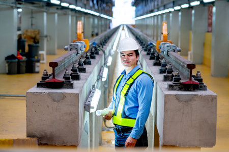 Portrait of professional engineer stand between railroad tracks of electrical or sky train in the factory workplace.の写真素材
