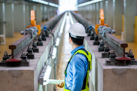 Back of professional engineer stand between railroad tracks of electrical or sky train and look to end of the rail in the factory workplace.の写真素材