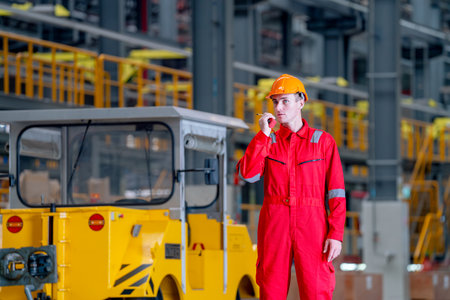 Close up professional technician worker stand near factory truck and use walkie talkie to contact his coworker in electrical or metro train factory.の写真素材