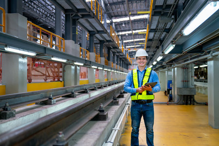 Portrait of professional engineer worker hold tablet and look at camera with smiling also stand near...