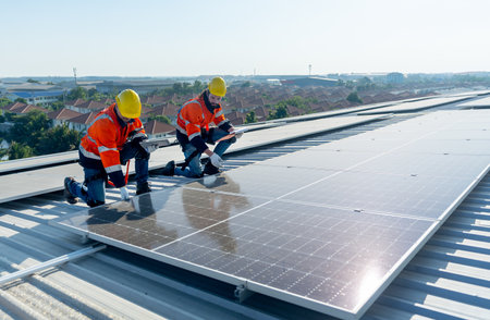 Side view of two Caucasian technician workers check and maintenance the solar cell panels on rooftop...