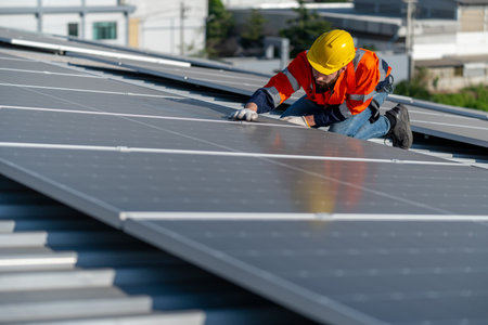 One of industrial technician worker touch to check and maintenance solar cell panels on rooftop of...