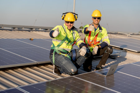 Two industrial technician worker sit near solar cell panels on rooftop of factory building and show...
