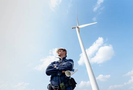 Professional technician worker man stand with arm-crossed also look to left side and stand in front...