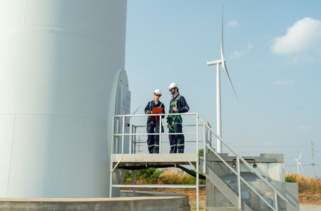 Wind shot two professional workers stand and discuss about work and stay in base of windmill or wind...