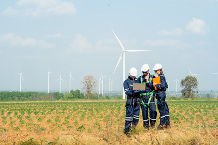 Wide shot technician workers man and woman stand in front of row of windmill or wind turbine and...