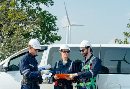 Group of technician workers stand beside the van and discuss about work with windmill or wind...