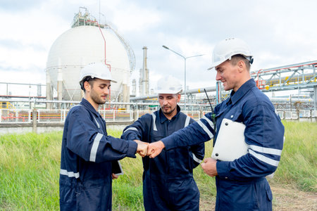 Group of engineer or technician workers stand in front of tank in petrochemical factory and they...