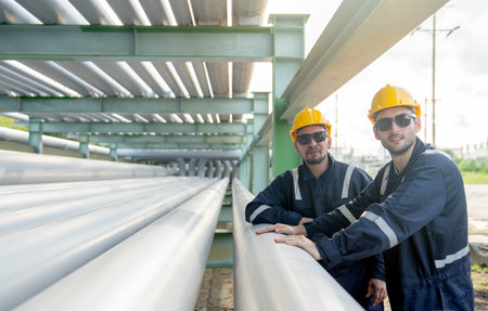 Portrait two engineer or factory technician workers stand beside petrochemical gas pipeline also...