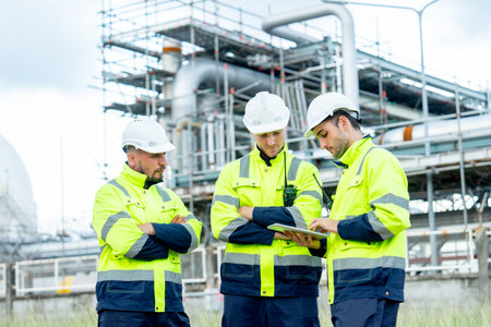 Lower view engineer or technician workers stand in front of  petrochemical factory and use tablet to discuss their work.の写真素材