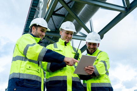 Close up view factory engineer or technician workers use tablet to discuss about work together and stay under petrochemical pipeline with day light.の写真素材
