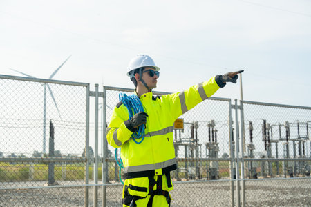 Wind turbine or windmill worker or technician man carry rope stand near small power plant and point...