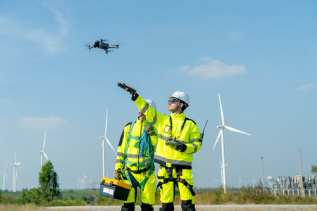 Wind turbine or windmill technician or workers use drone to work in workplace field during day time...