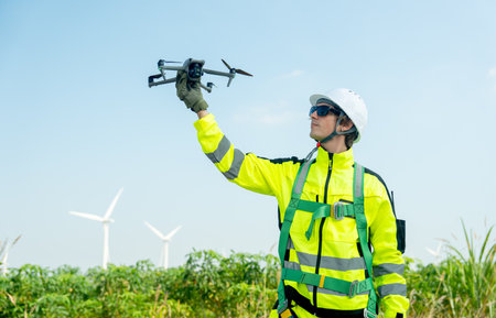 Wind turbine or windmill workers or technician hold drone to check before work in workplace field during day time and wind turbine are in the background.の写真素材