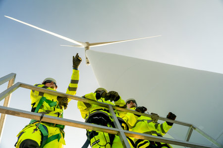 Group of wind turbine or windmill workers or engineers discuss together on base of pole of wind...