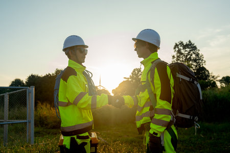 Two of wind turbine or windmill workers or technician shake hands and stand on base of wind turbine with warm light from sunset in the background.の写真素材