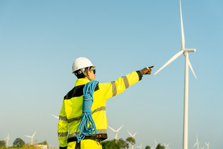 Back of wind turbine or windmill engineer worker point to his right side with row of wind turbine in the background.の写真素材