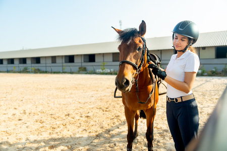 Teen girl stand beside brown horse and look down also hold the rope after train or practice for riding in the arena.の写真素材