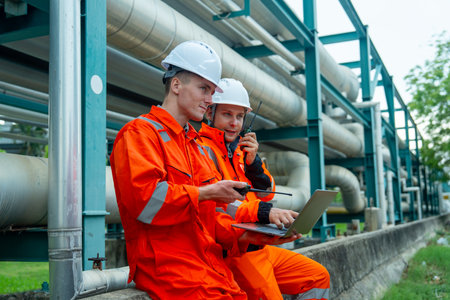 Two petrochemical or gas factory workers or technicians man adiscuss about work using laptop and sit near pipeline in factory workplace.の写真素材
