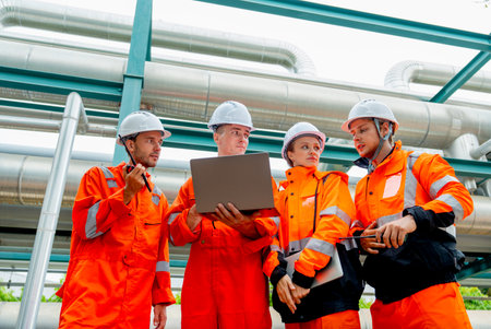 Group of petrochemical or gas factory workers or engineers discuss about work using laptop and stand near pipeline in factory workplace.の写真素材