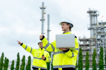Petrochemical factory worker point to his right side with one coworker woman use laptop to work in front and they stay with factory in the background.の写真素材