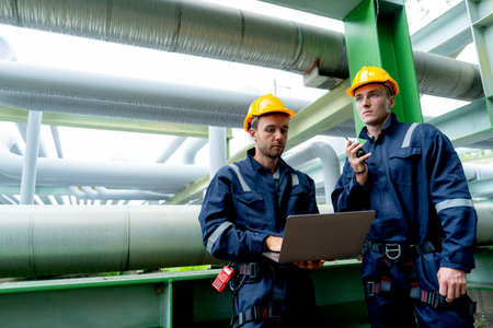 Petrochemical worker man hold walkie talkie and discuss with his coworker hold laptop and stay in pipeline area in factory workplace.の写真素材