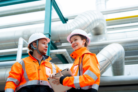 Two petrochemical or gas factory workers, a man and a woman, discuss work using a tablet and stand near a pipeline in a factory workplace.の写真素材