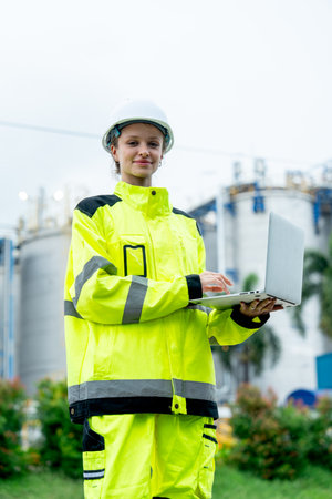 Vertical image of petrochemical or gas factory worker hold laptop for working and look at camera with smiling in front of the factory.の写真素材