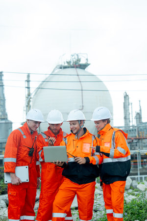 Vertical image of group of gas factory technicians or  engineers with one hold laptop and discuss together about their work and stay in front of tank with day light.の写真素材