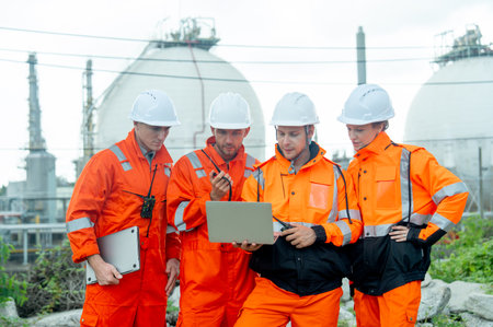 Group of gas factory technicians or  engineers with one hold laptop and discuss together about their work and stay in front of tank with day light.の写真素材