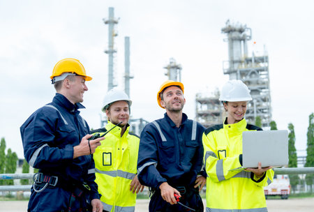 Four petrochemical workers or technicians work together with one hold laptop and they stand in front the factory.の写真素材