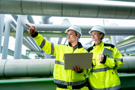 Side view of two petrochemical or gas workers or technicians use laptop to work near pipe network with man also point to left direction.の写真素材