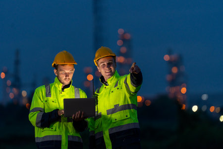 Petrochemical workers or technicians using laptop to work at night and stand in front of the factory with light.の写真素材