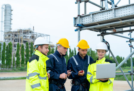Group of petrochemical workers or technicians work together with one hold laptop and they stand in front the factory and look happiness in workplace.の写真素材
