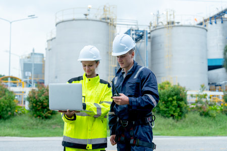 Petrochemical man and woman workers or engineers stand in front of factory tank and discuss about their work using laptop.の写真素材