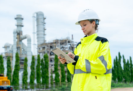 Petrochemical or gas factory worker woman or technician use tablet to work and stand in front of the factory with happiness.の写真素材