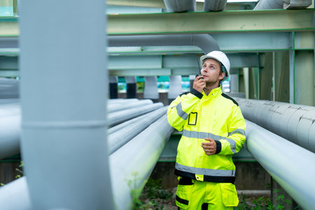 Petrochemical worker man or engineer using walkie talkie to contact coworker and stand between pipeline in factory workplace.の写真素材