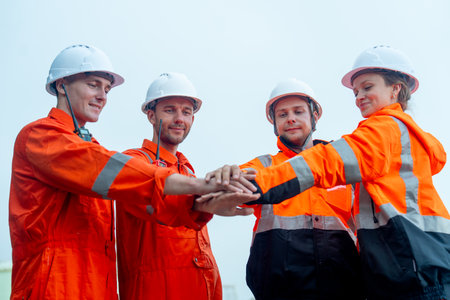 Lower view of group of petrochemical workers or technicians stand and hold hands together in front of factory tank.の写真素材