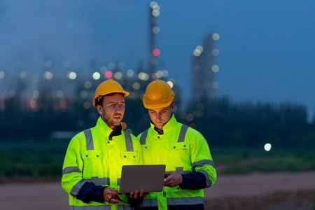 Two man of petrochemical workers or technicians using laptop to work at night and stand in front of the factory with light.の写真素材