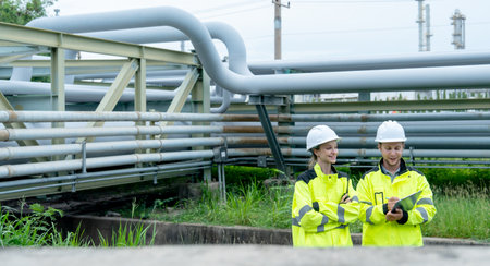 Two petrochemical or gas workers or technicians use document pad to work with pipe network is on the back and they also show discussion together.の写真素材
