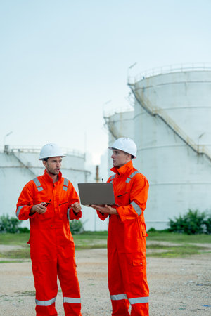 Vertical image of two engineers or gas factory technicians hold walkie talkie and laptop to discuss about their work and stand in front of tank.の写真素材
