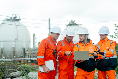 Gas factory workers or  engineers with one hold laptop and discuss together about their work and...