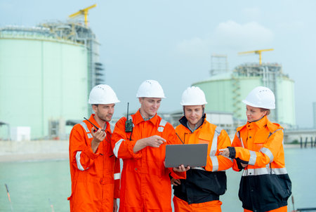 Group of petrochemical or gas factory workers or engineers work together with using laptop and stay in front of factory tank near the bay.の写真素材