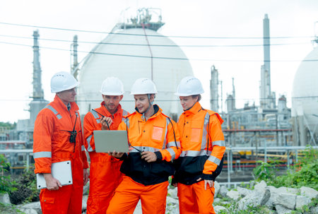 Wide shot of group of gas factory technicians or  engineers with one hold laptop and discuss...