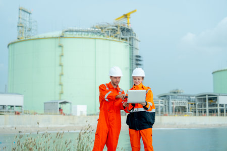 Two petrochemical or gas factory workers man and woman or engineers stand in front of factory tank near the bay and work together using laptop.の写真素材